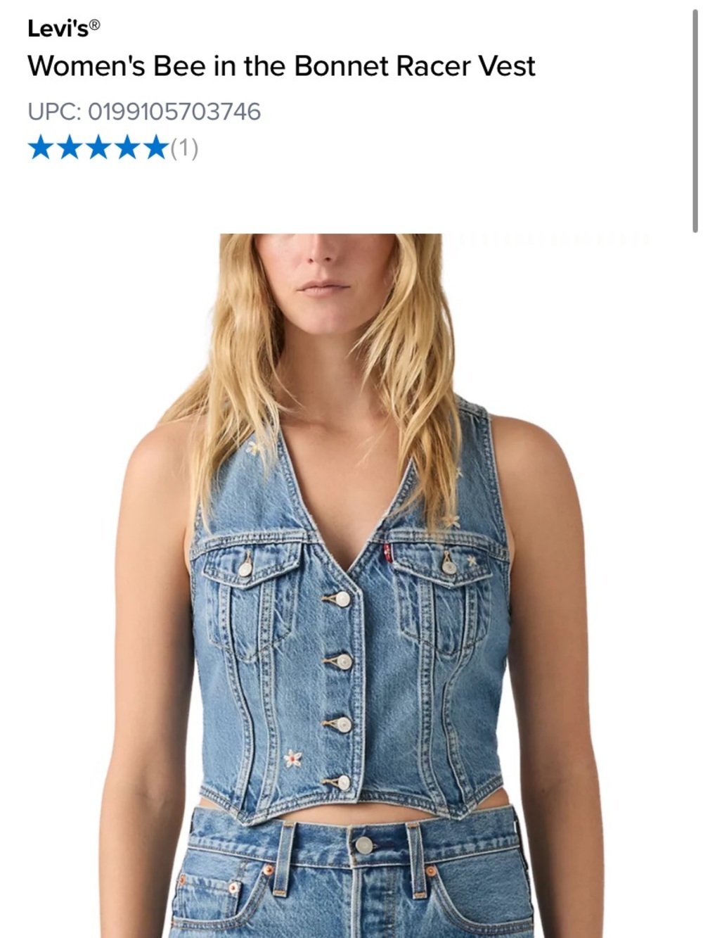 NEW WOMEN’s - Levi's Light Blue Denim Cropped Racer Vest